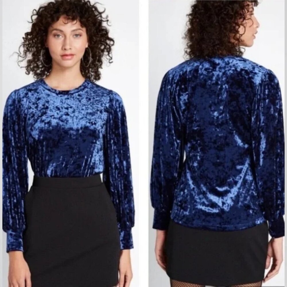 ModCloth Beyond Basic Velvet Long Sleeve Blouse Blue L
